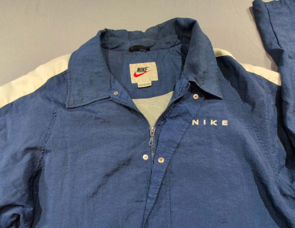 Nike Vintage Windbreaker Jacket XL Blue White Striped Lined Full Zip Snap